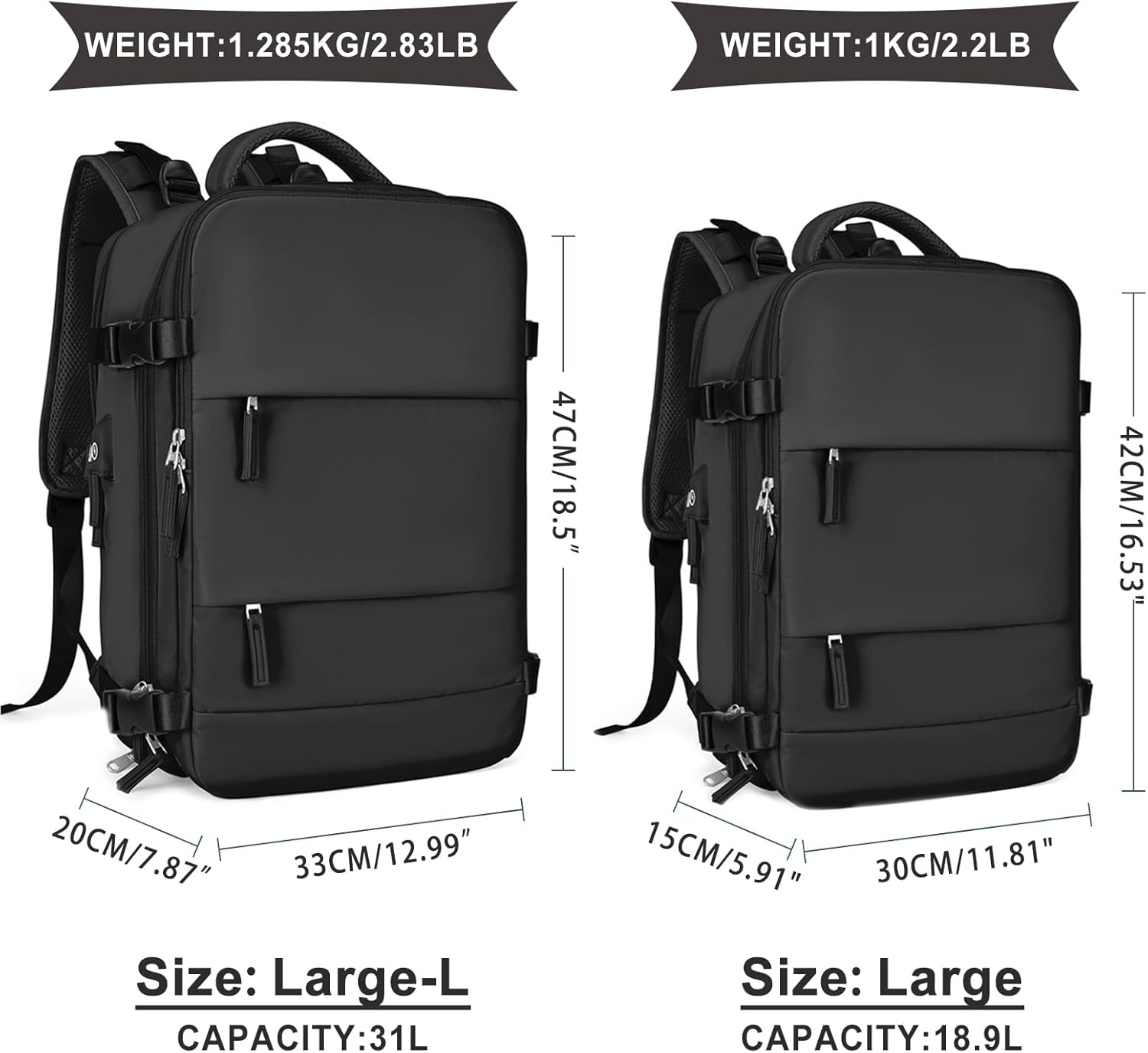Großer Reiserucksack für Damen und Herren, Handgepäckrucksack, Wanderrucksack, wasserdichter Outdoor-Sportrucksack, lässiger Tagesrucksack, Reiseutensilien, schwarz 